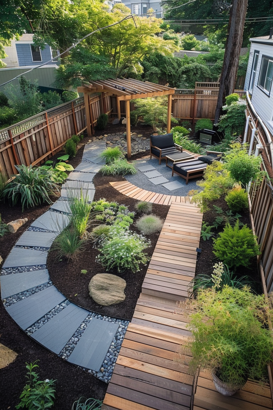 An elevated view of a landscaped backyard with wooden paths, a pergola, seating area, plants, and decorative stones.