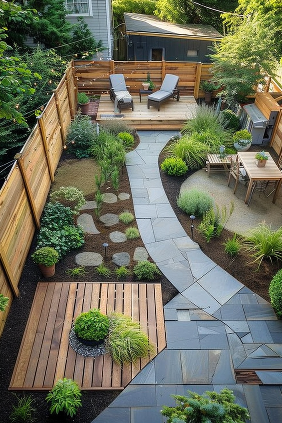 Well-designed backyard garden with wooden deck, stone pathway, green plants, and outdoor furniture.