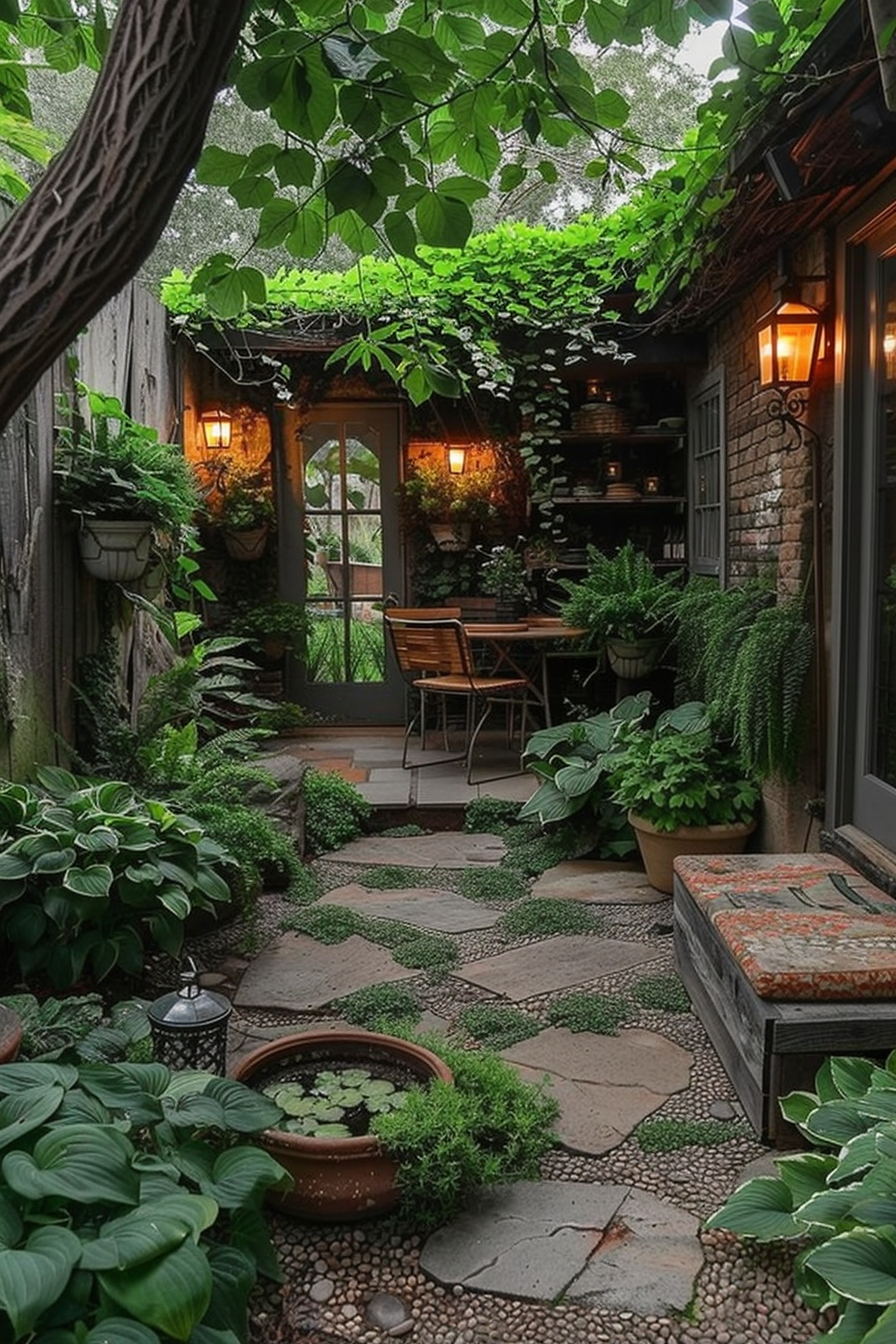 Alt text: Cozy garden patio with stone path, lush greenery, wall-mounted planters, and warm lantern lighting, creating a tranquil outdoor space.