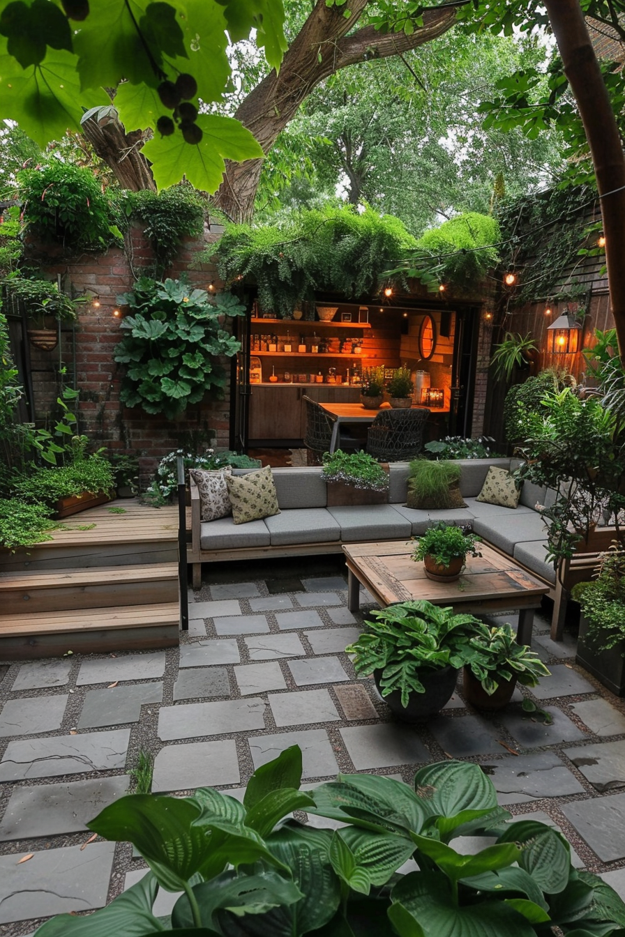 Cozy garden patio with modern outdoor furniture, lush greenery, and a warmly lit bar in the background.