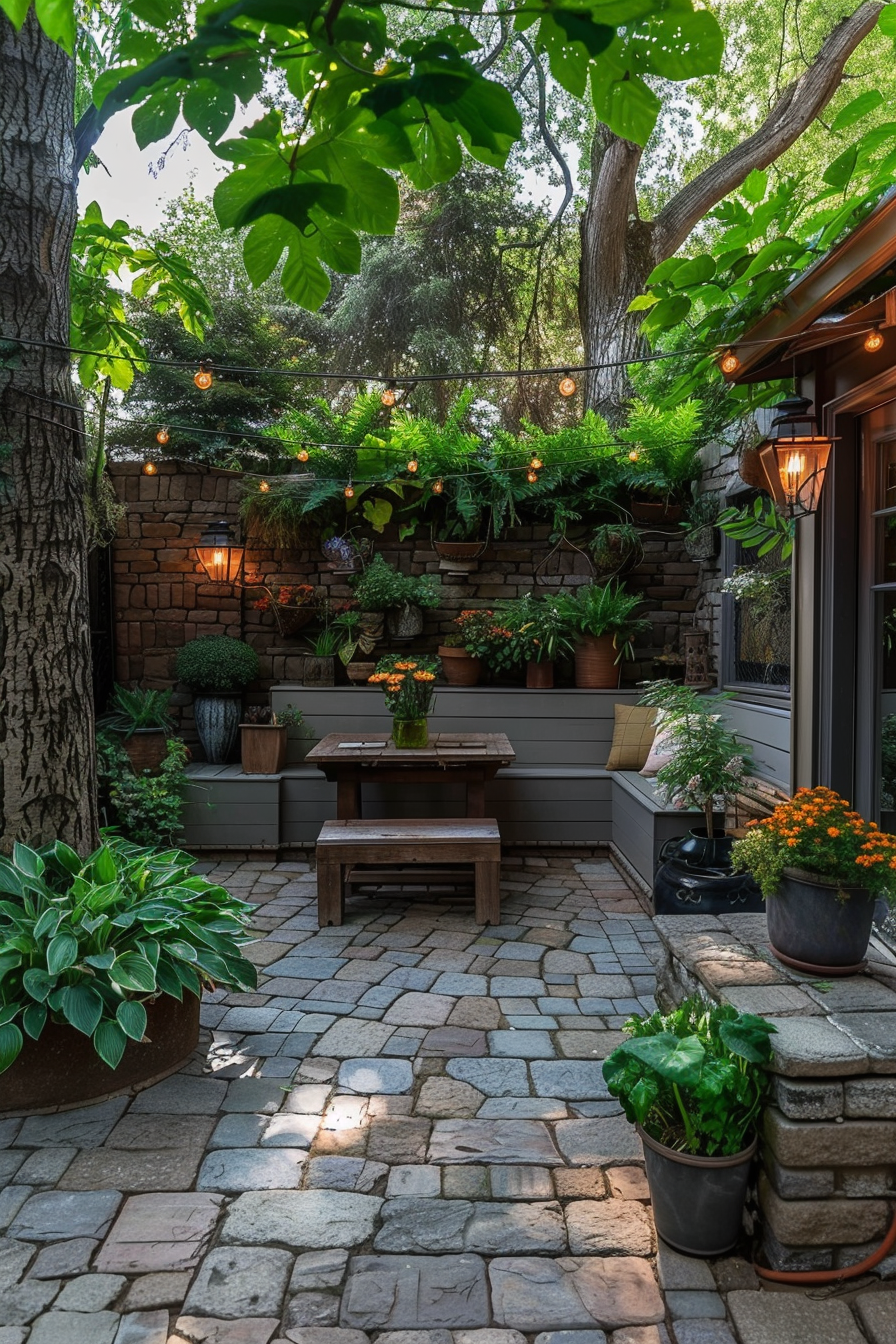 Cozy backyard patio with stone paving, hanging lights, lush plants, and wooden furniture nestled between trees and a brick wall.