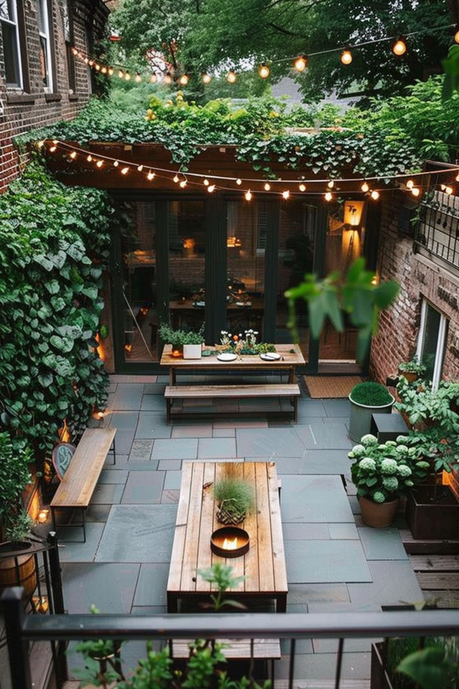 Cozy outdoor patio with string lights, wooden dining furniture, greenery, and a fire bowl on a table, surrounded by brick buildings.