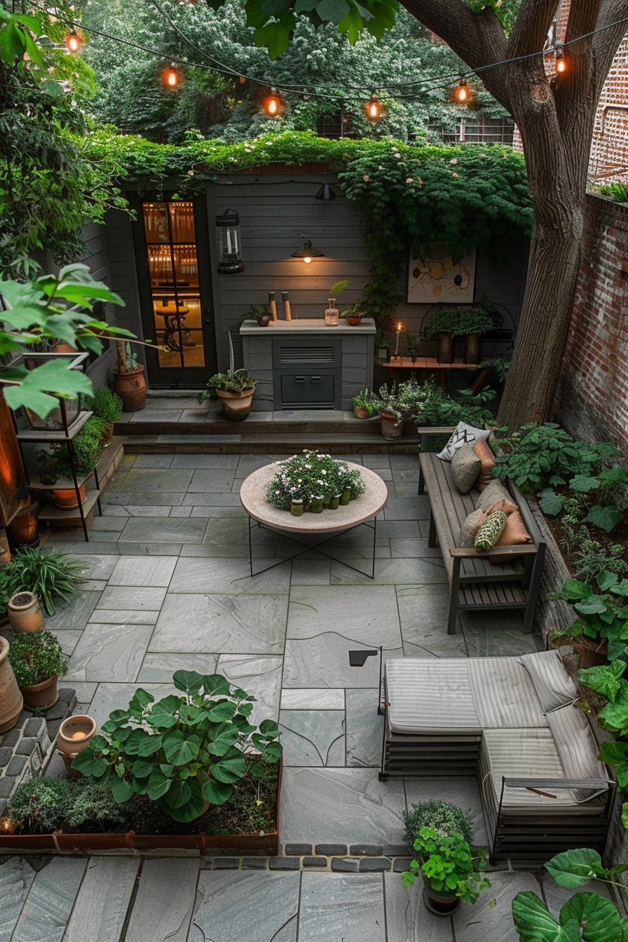 A cozy urban garden patio with string lights, seating area, plants, and a walkway.