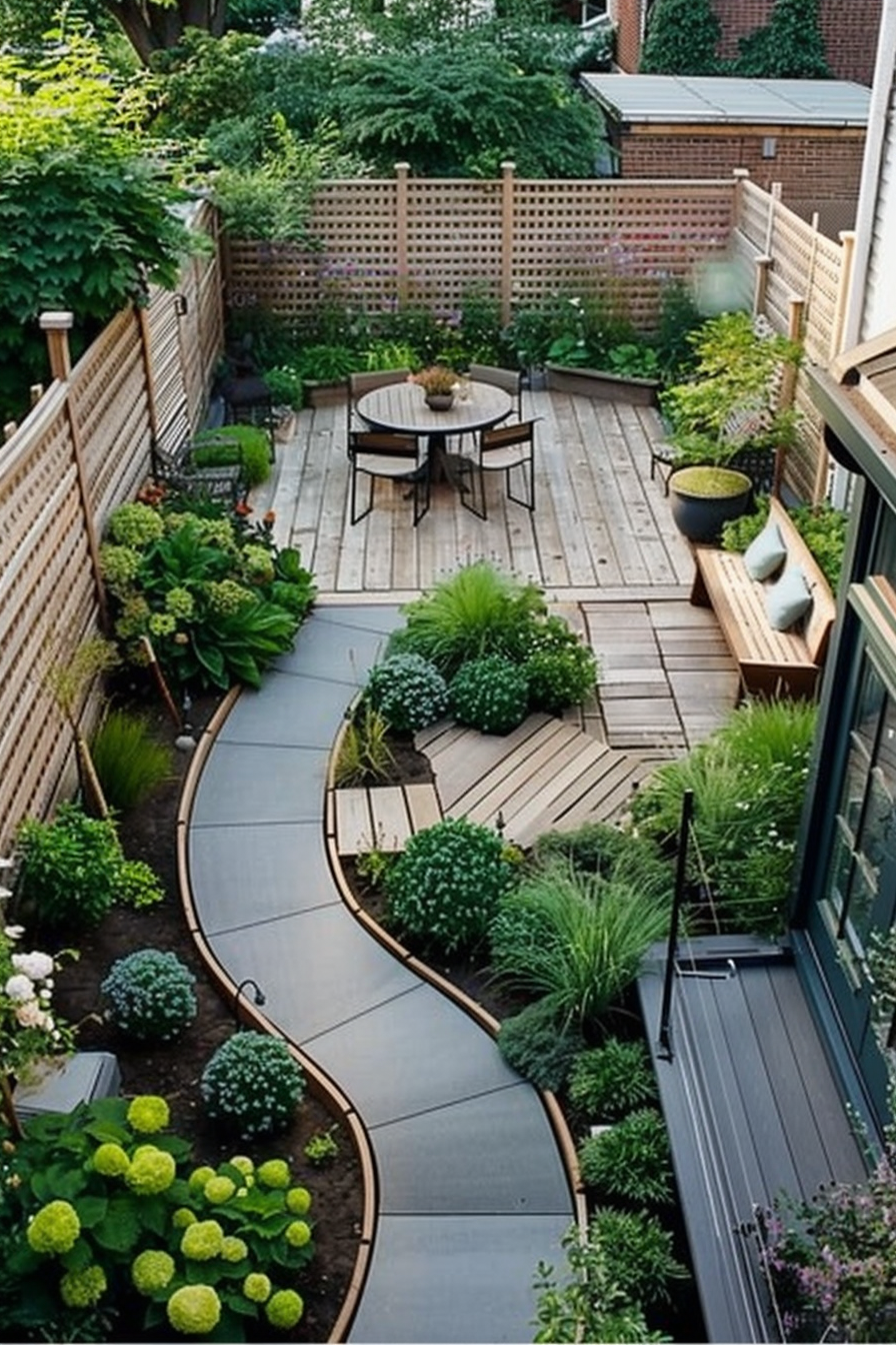 Alt text: An aerial view of a modern garden pathway with a wooden deck, curved walkway, lush plants, and outdoor seating area enclosed by a wooden fence.