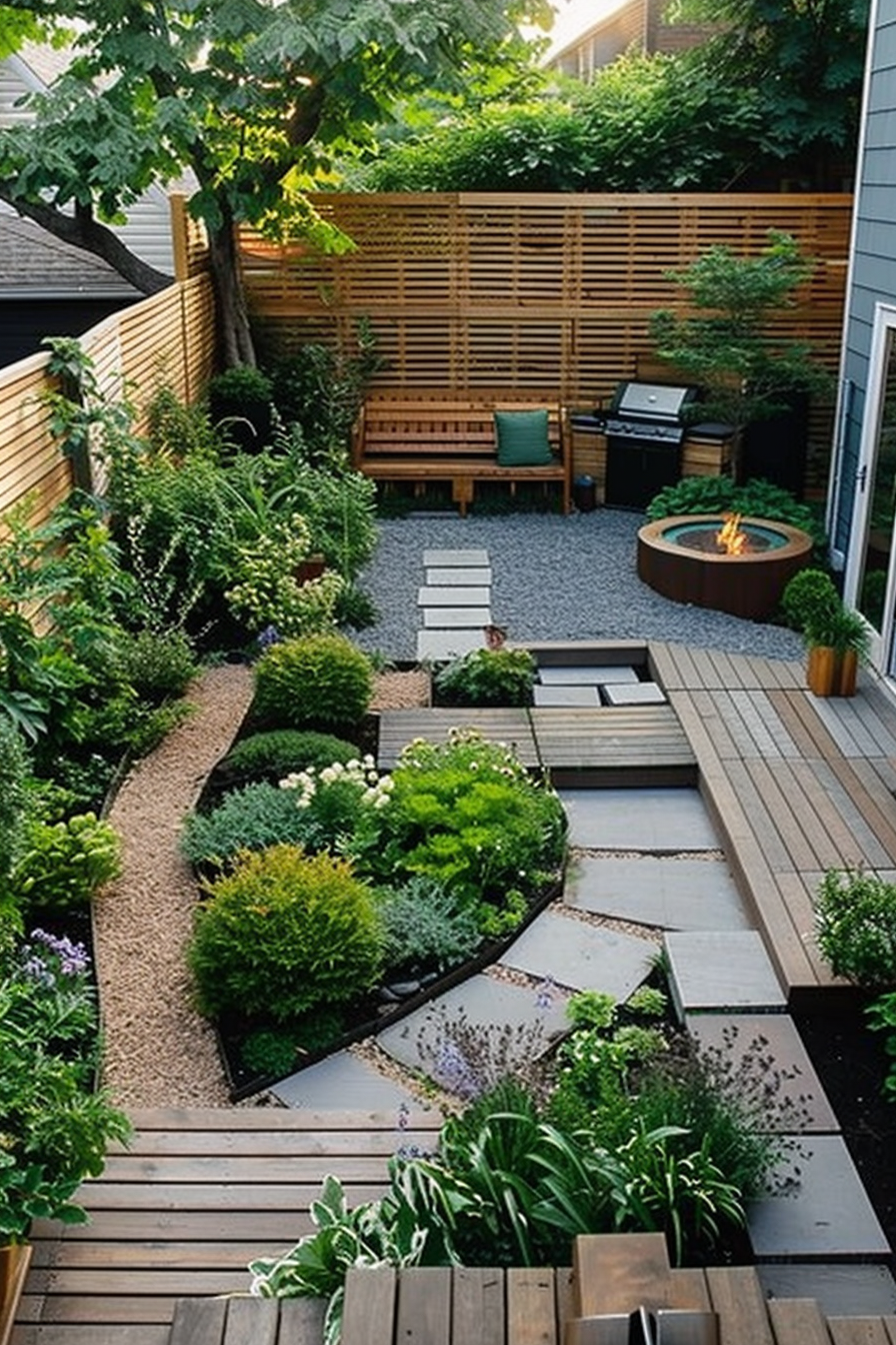 Alt text: Well-designed backyard garden with wooden deck, pathway, lush plants, seating area, grill, and a fire pit, creating a serene outdoor space.
