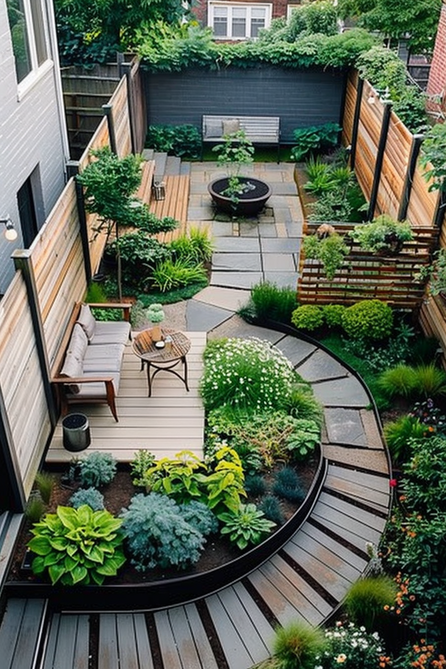 An aerial view of a well-landscaped backyard with a winding stone path, wooden deck seating area, and vibrant greenery.