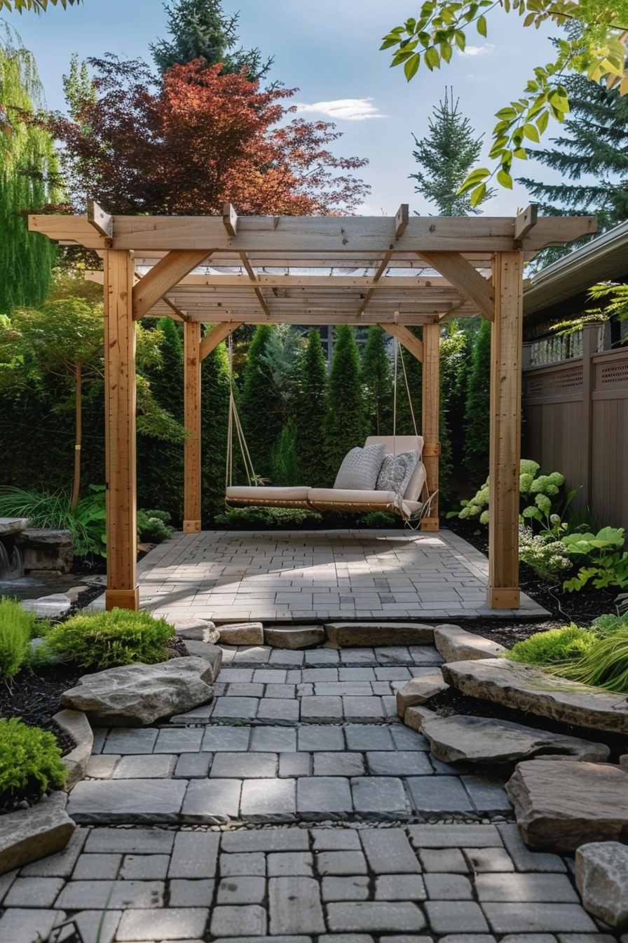 ALT: A tranquil garden with a wooden pergola and a swing bed, surrounded by landscaped greenery and a stone pathway under a sunny sky.