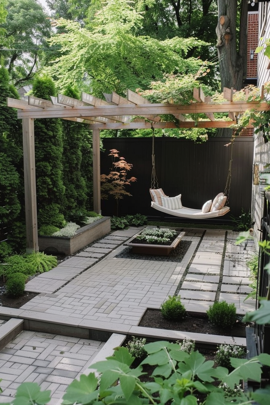A serene backyard garden with a hammock swing, surrounded by lush greenery, and a patterned walkway leading through the space.