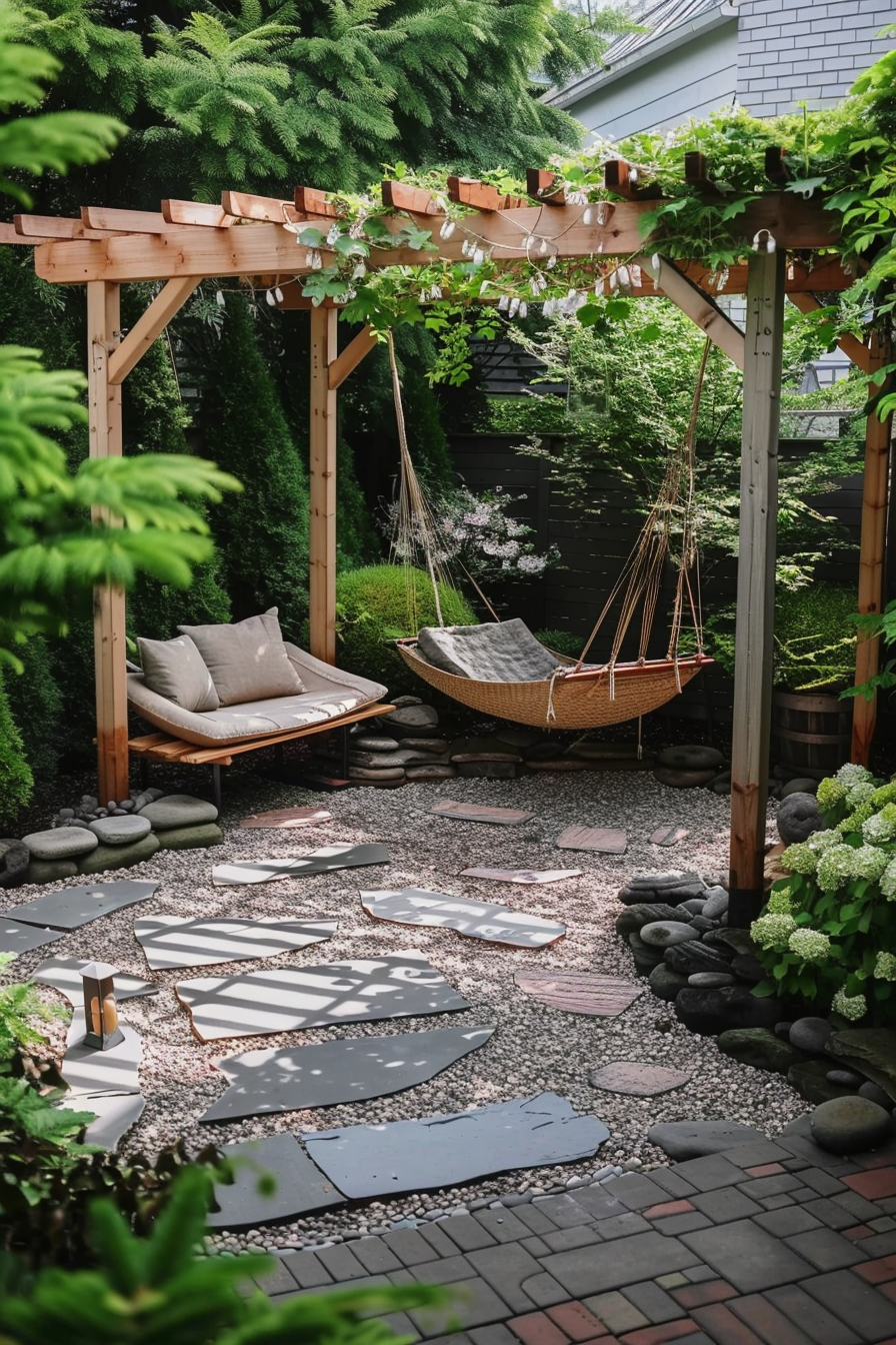 A tranquil garden with a hammock under a wooden pergola, surrounded by lush greenery, pebbled path, and hanging lights.