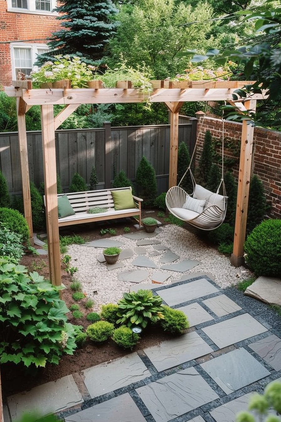 A cozy backyard with wooden pergola, swing chair, bench seating, lush greenery, and a stone pathway.