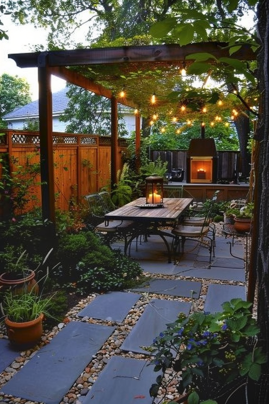 Cozy backyard patio with string lights, wooden pergola, dining table set, fireplace, plants, and stone pathway.