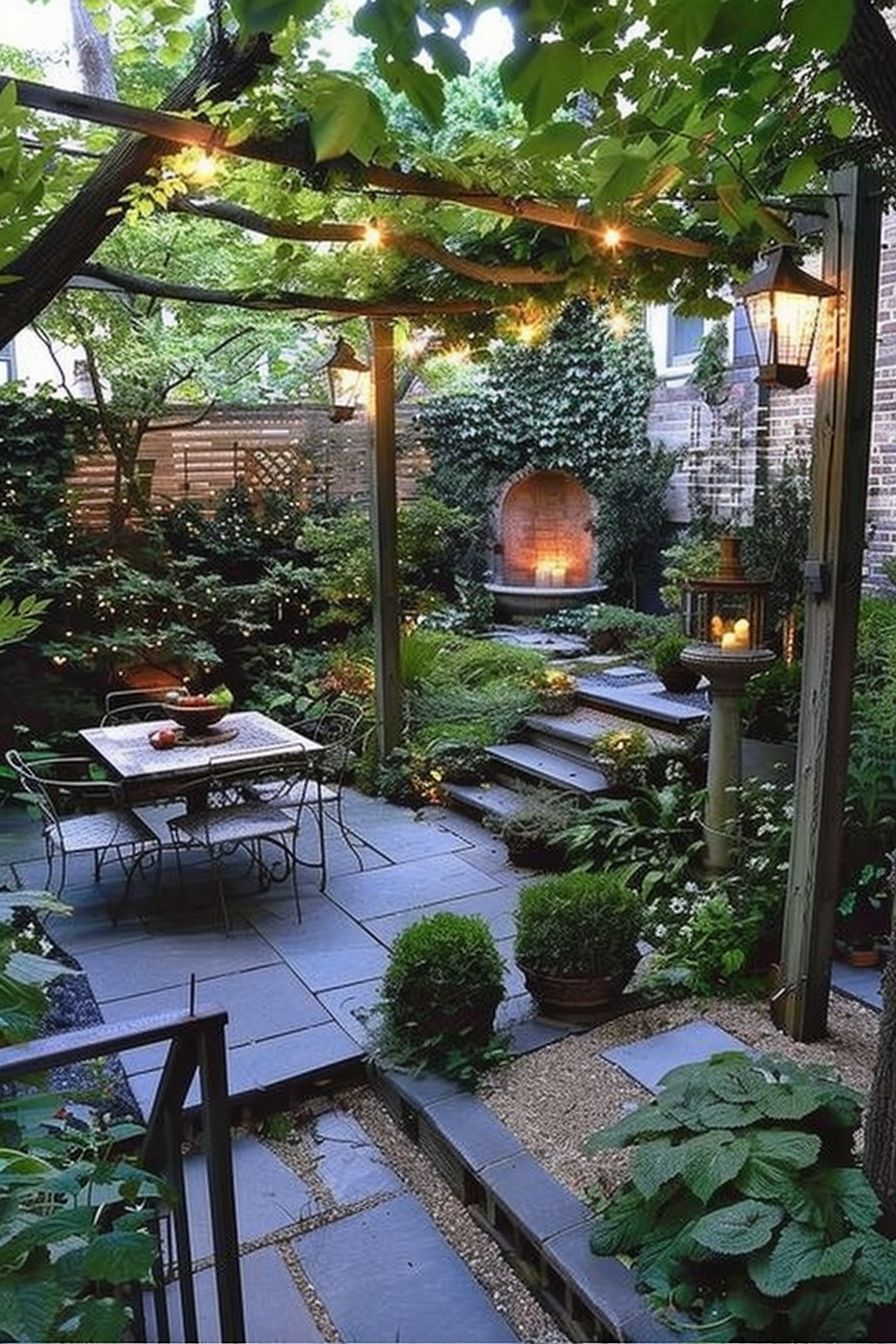 Cozy garden patio with string lights, wrought iron furniture, stone path, lush greenery, and a glowing outdoor fireplace.
