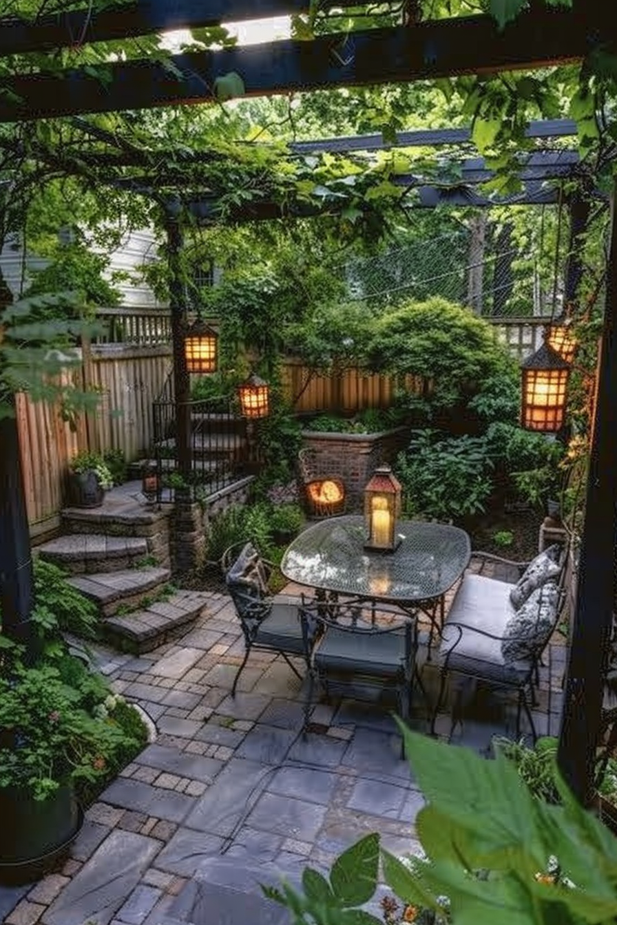 Cozy patio garden with wrought iron furniture, lanterns, and lush greenery at dusk.