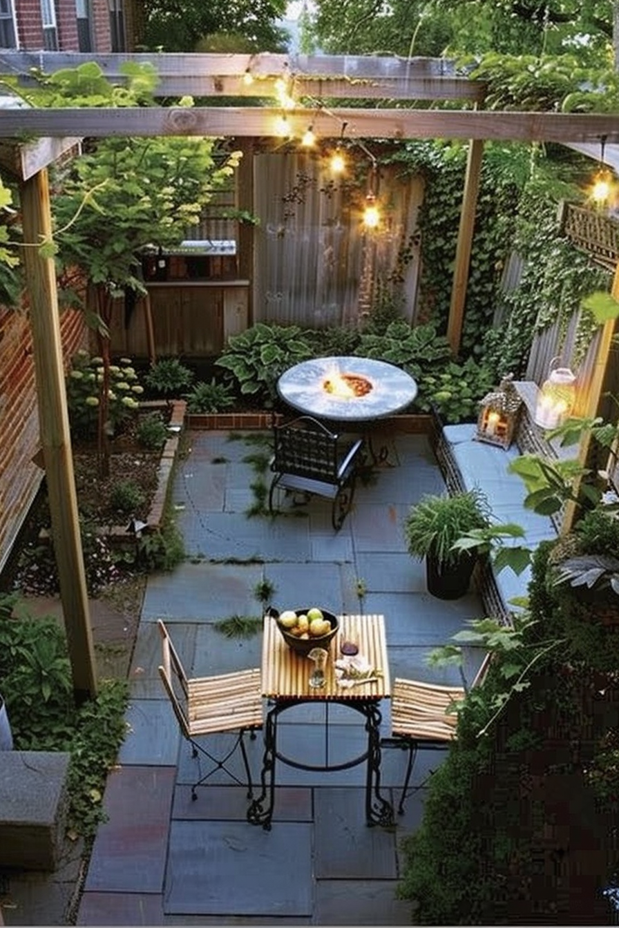 Cozy backyard garden with pergola, string lights, a fire pit table, dining set, and lush greenery around.
