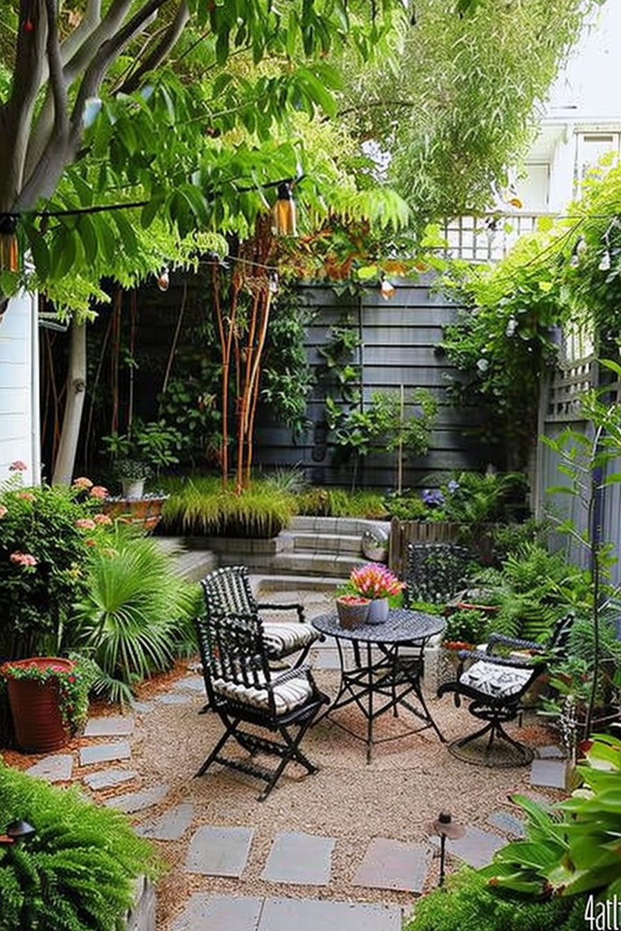 A cozy garden patio with a seating area, stone path, lush greenery, hanging lights, and flowering plants.