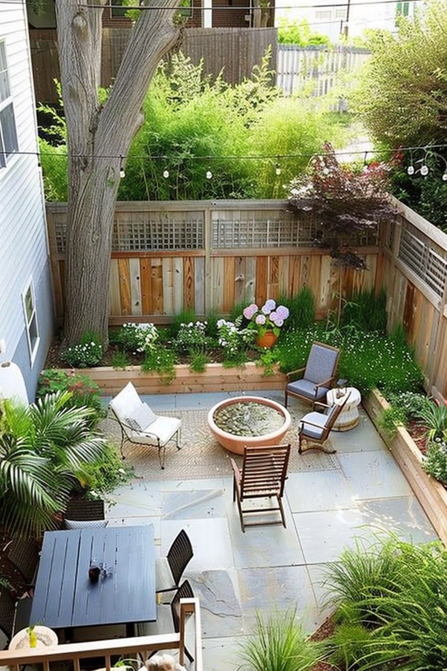 Cozy backyard patio with wooden fencing, lush green plants, outdoor furniture, and a decorative water bowl.
