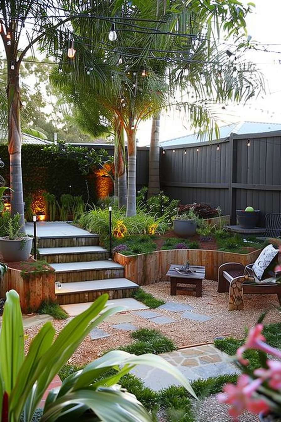 A cozy backyard garden with string lights, stepping stones, raised plant beds, trees, and seating areas.