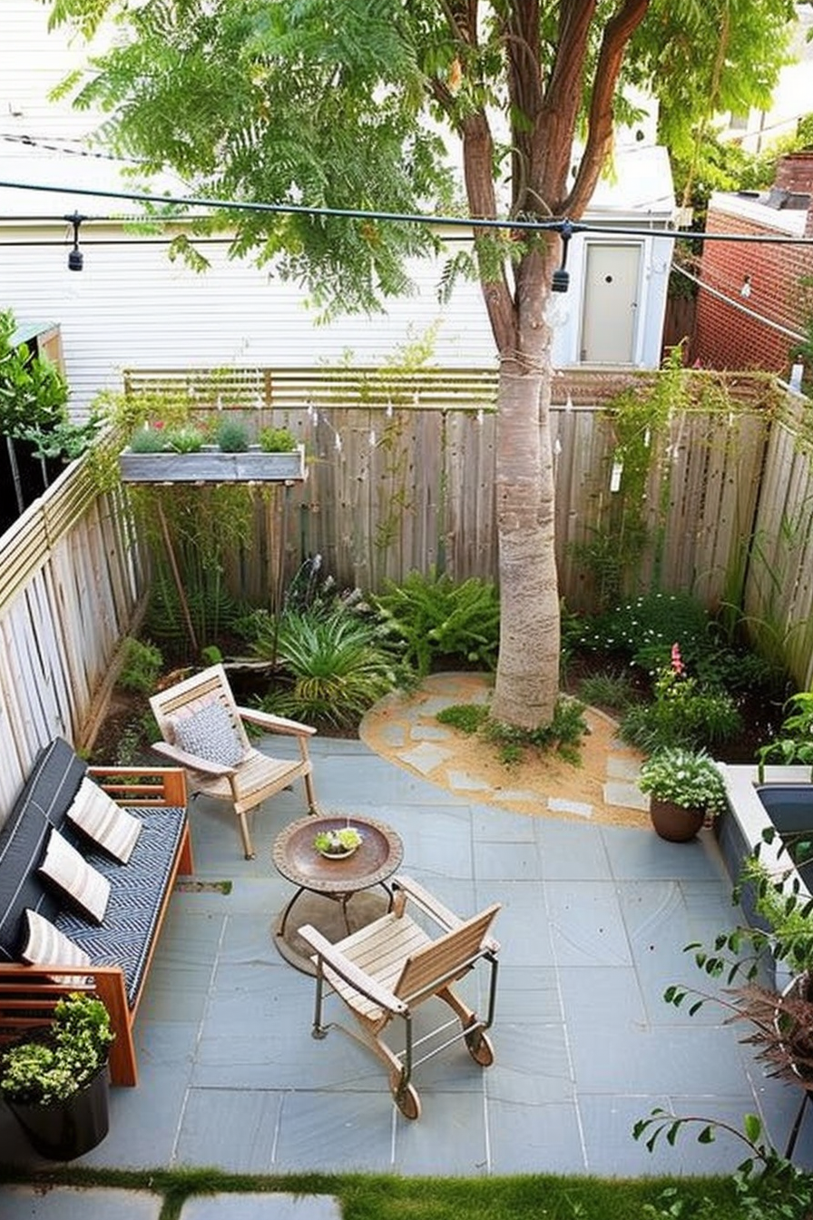 Cozy backyard garden with seating area, tiled flooring, wooden furniture, green plants, and a large tree in a fenced space.