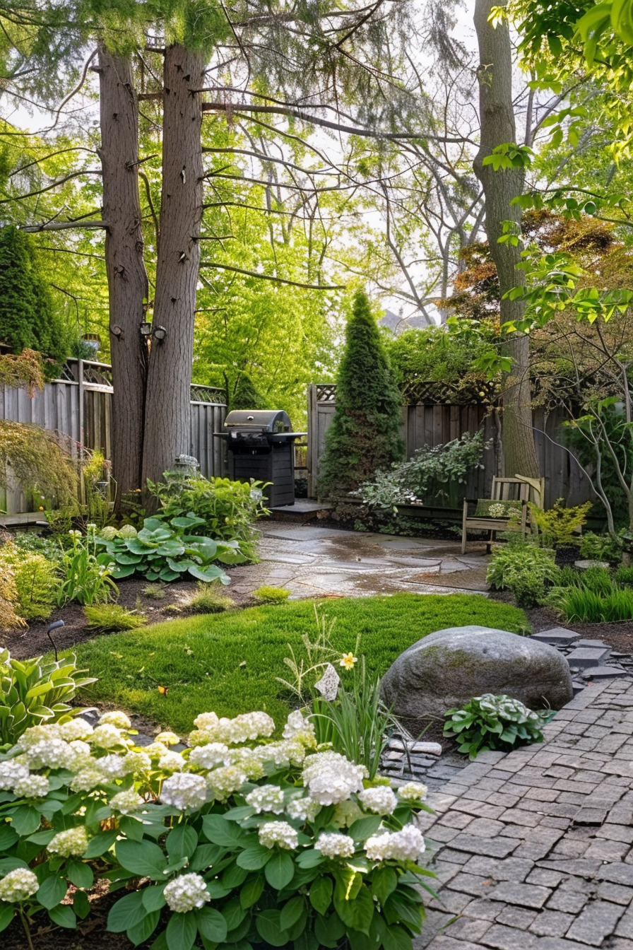 A serene backyard garden with lush greenery, flowers blooming, a stone pathway, and a bench under the shade of tall trees.