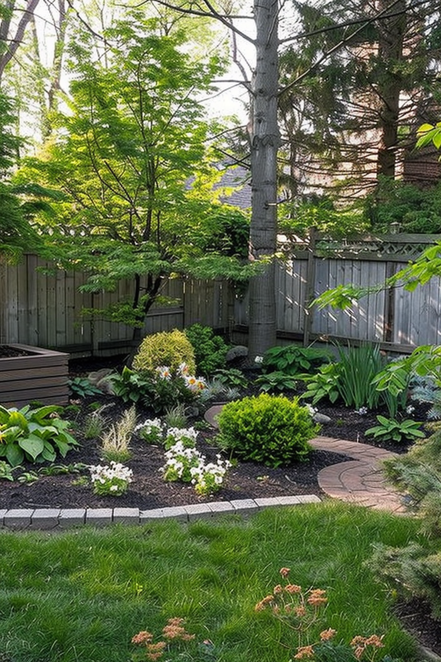 Lush backyard garden with a variety of plants and trees surrounded by a wooden fence, featuring a path with edged flower beds.