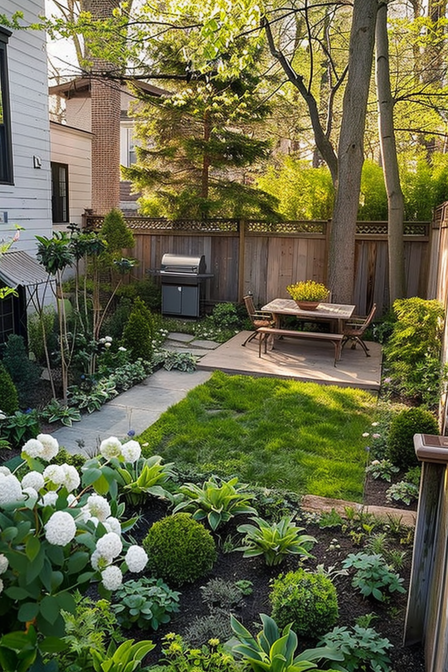 A tranquil backyard garden with a pathway, lush greenery, flowers, and a patio set, bordered by a wooden fence.