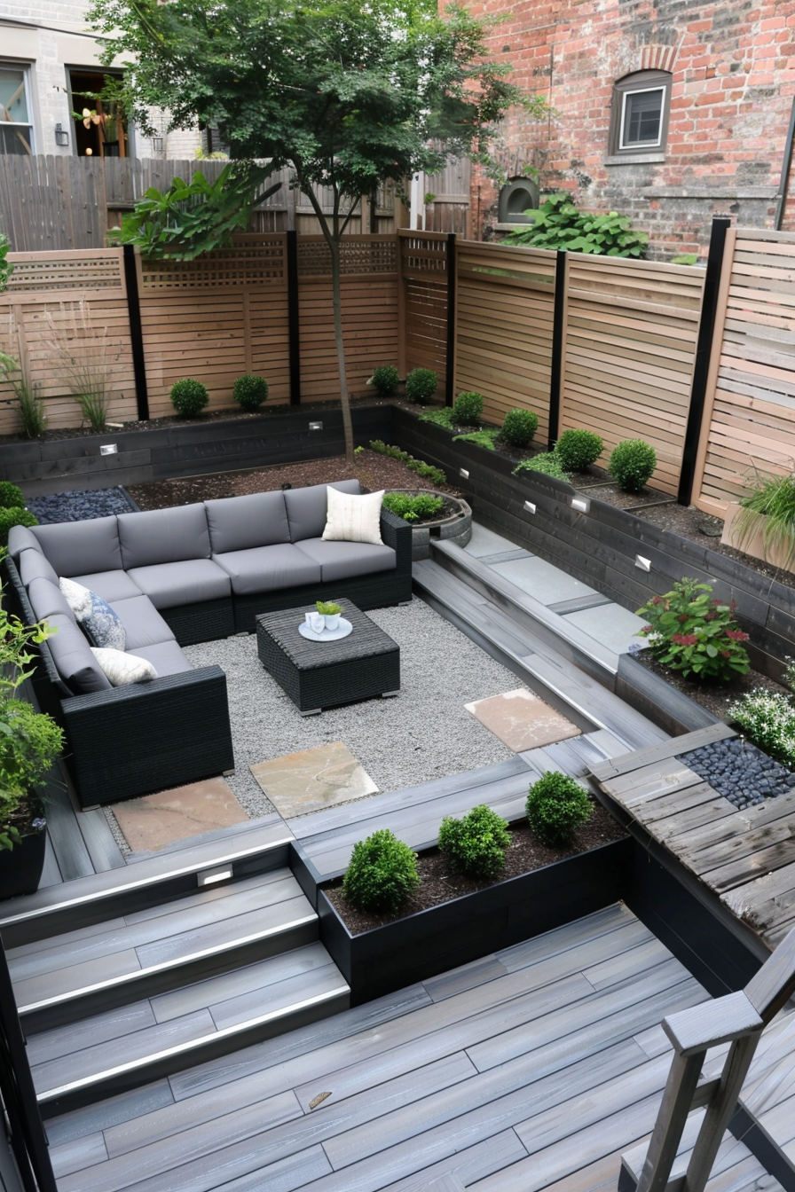Modern outdoor patio with sectional sofa, wooden decking, stone paths, and lush greenery within urban backyard setting.