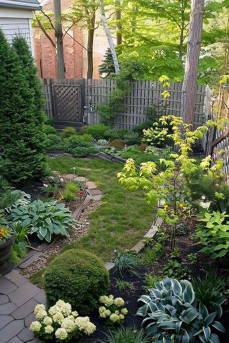 A serene backyard garden with lush greenery, stone pathways, wooden fence, and a variety of plants and shrubs.