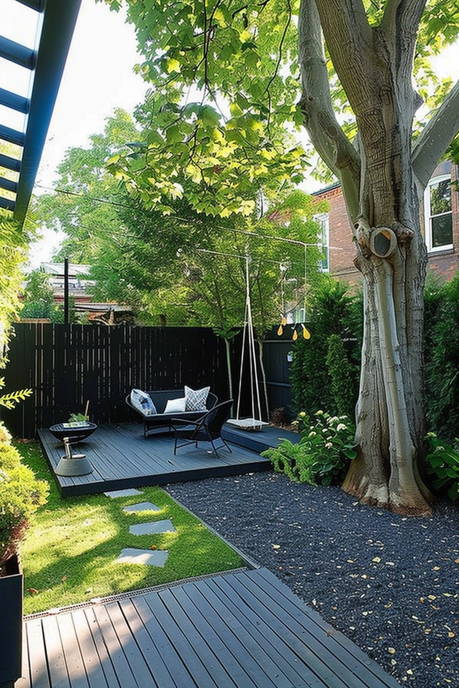 A cozy backyard with a wooden deck, bench swing, green foliage, and a pebbled path under a large tree.