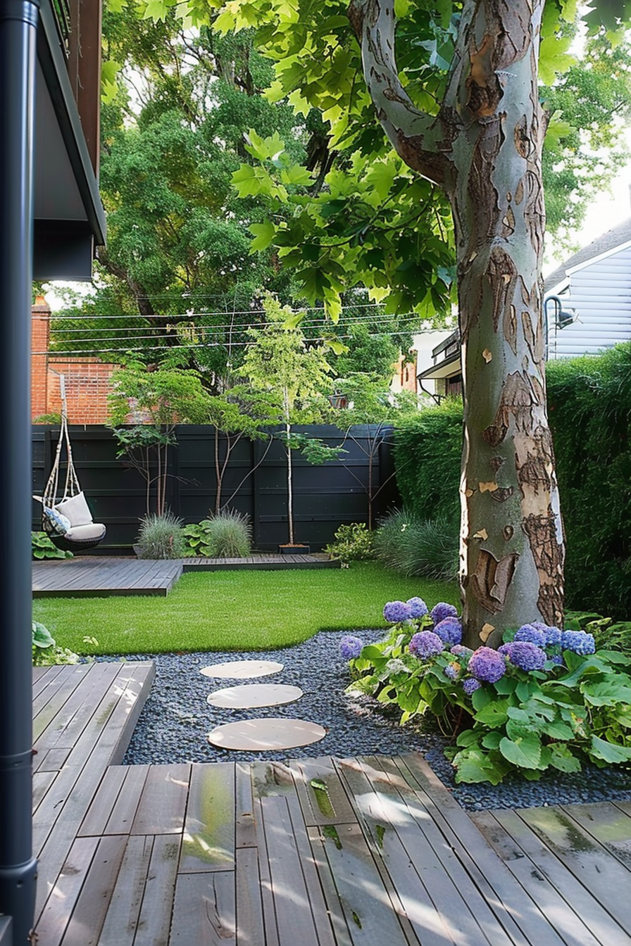A tranquil garden with a hammock, stepping stones, lush greenery, hydrangeas, and a distinctive tree with peeling bark.