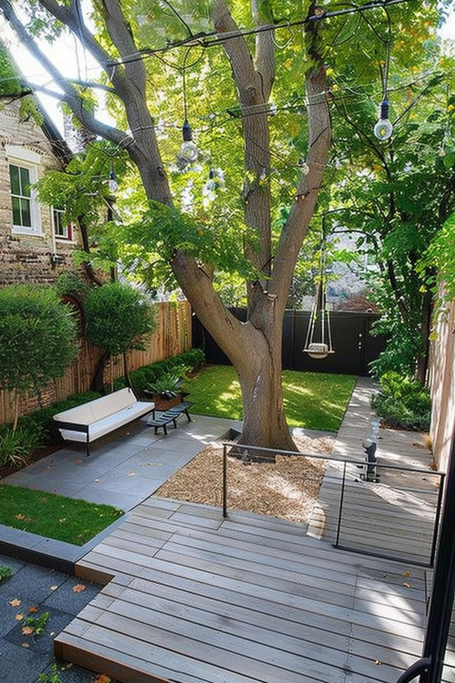 Cozy backyard with wooden decking, hanging lights on tree, swing, bench, and lush greenery.
