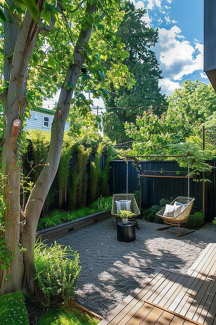 Tranquil urban garden with wooden decking, a comfy chair, lush greenery, and a clear blue sky.