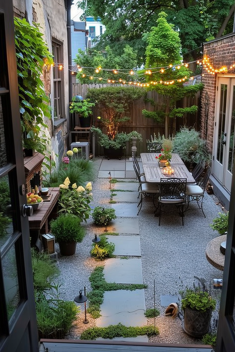 Cozy urban backyard garden at dusk with string lights, a dining table set, stepping stones, potted plants, and greenery.