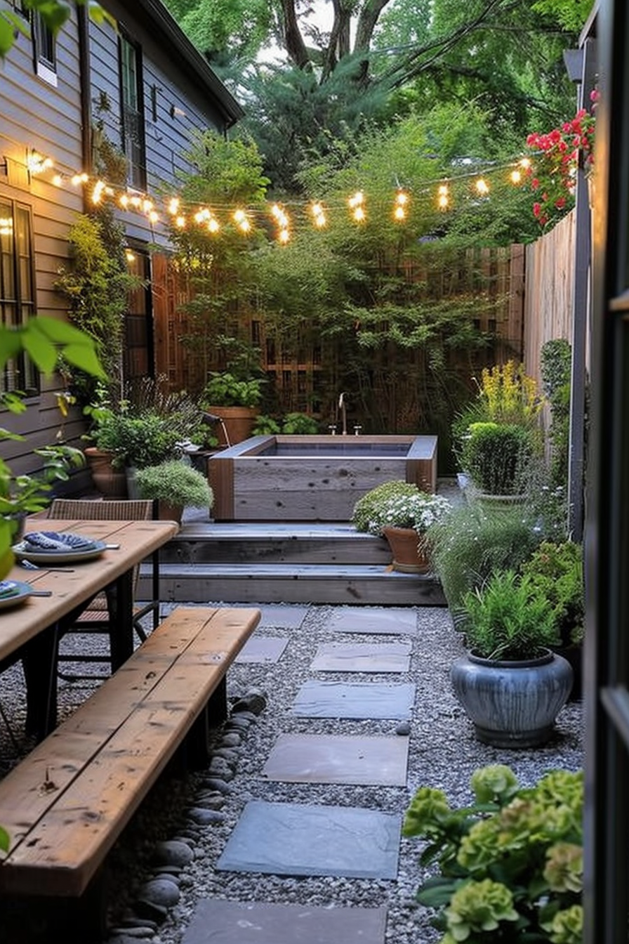 A cozy backyard garden with string lights, a wooden bench, stepping stones, plants, and a hot tub at dusk.