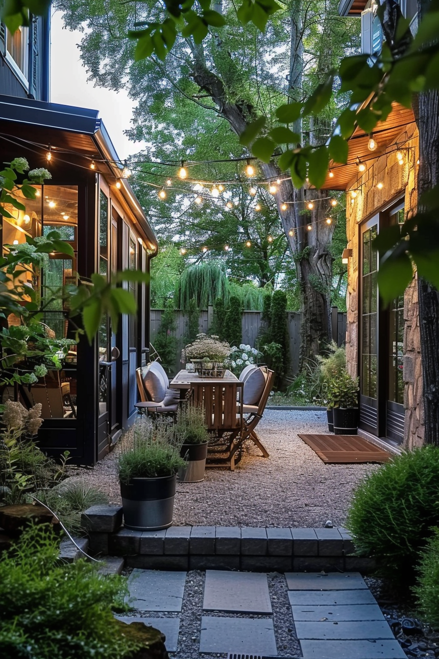 A cozy backyard patio at dusk with string lights, wooden furniture, plants, and a gravel path leading between modern houses.
