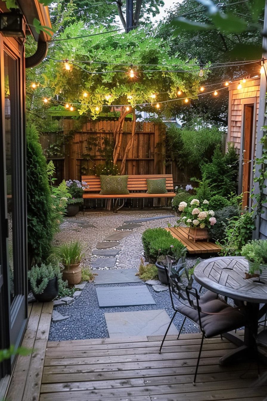Cozy backyard garden at dusk, with string lights, patio furniture, lush plants, and a stone pathway.