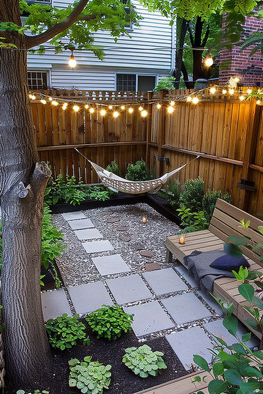 Cozy backyard with string lights, a hammock hanging between trees, paved path, bench, and green plants.