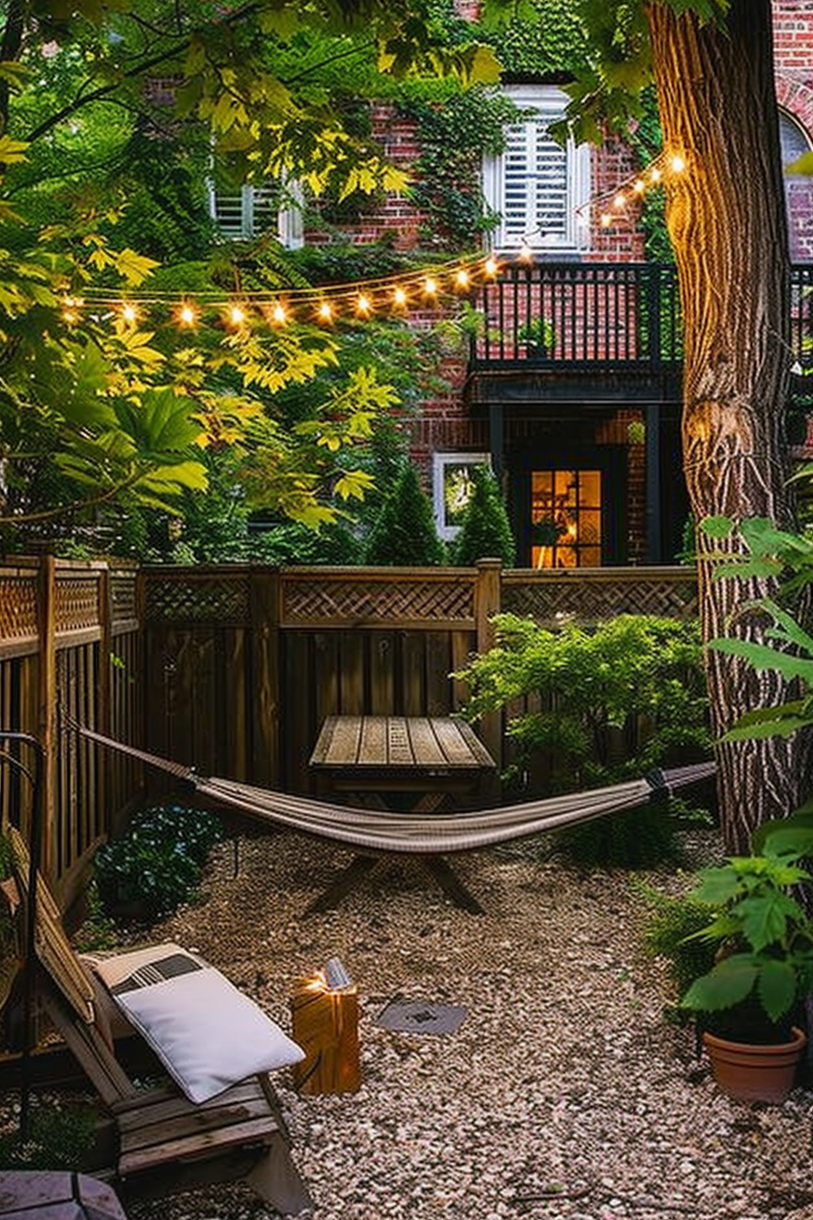 Cozy backyard area with string lights, hammock, bench, pebble ground, green plants, and a backlit house in the evening.