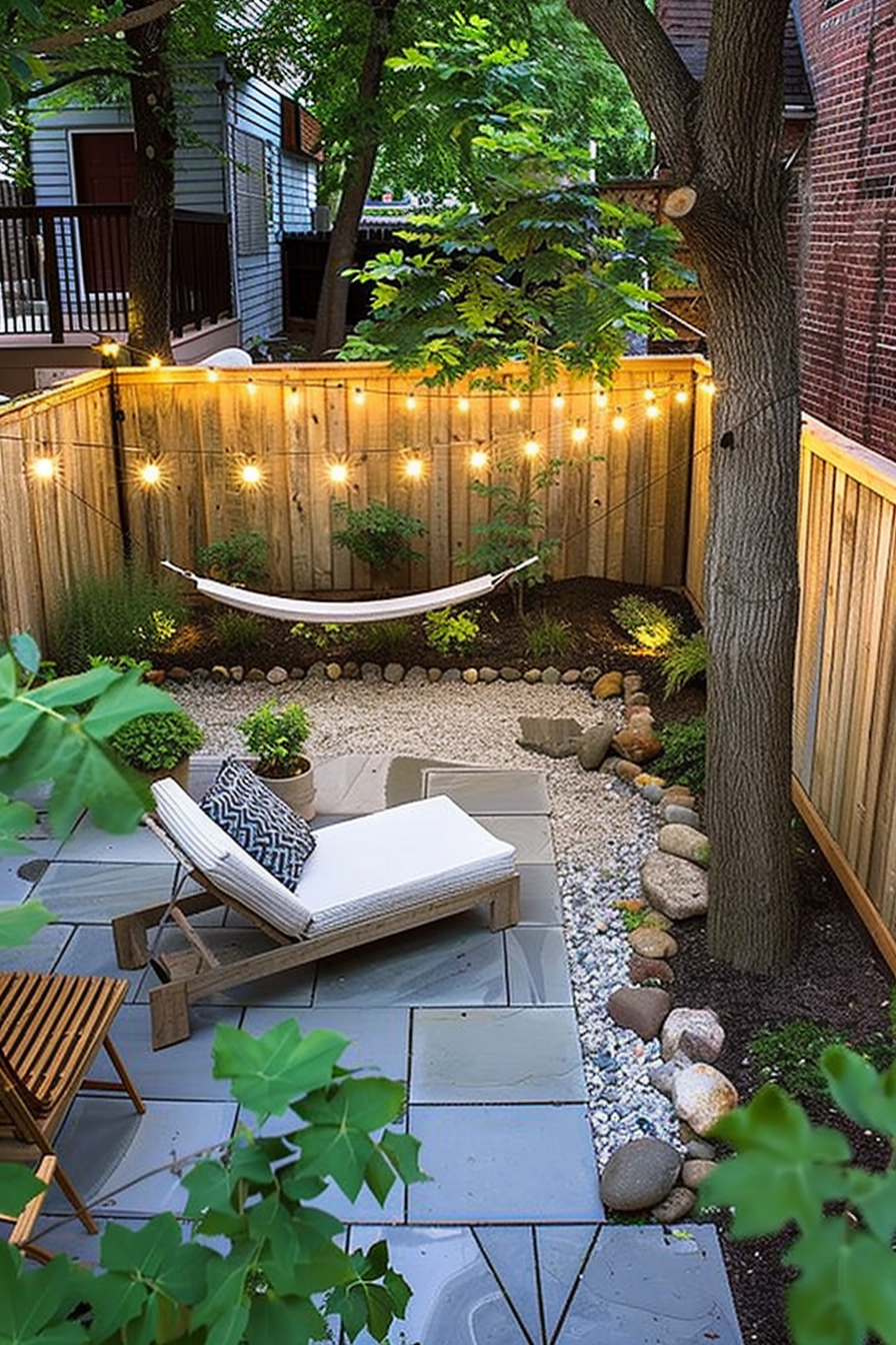 Cozy backyard with string lights, a hammock, lounge chair, and landscaping with stones and plants at twilight.