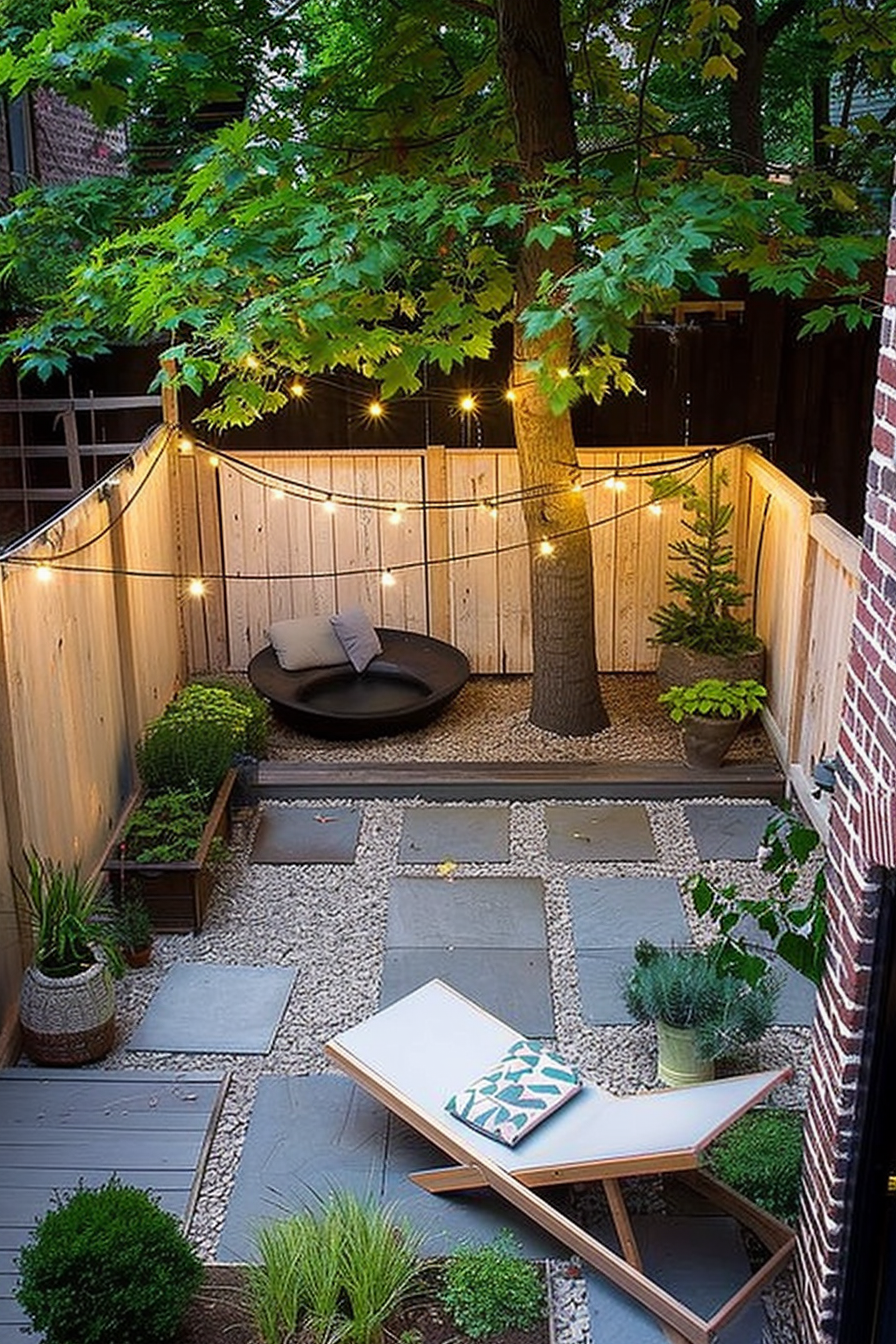 Cozy backyard garden with string lights, wooden fencing, lounging chair, and a variety of plants surrounding a central tree.