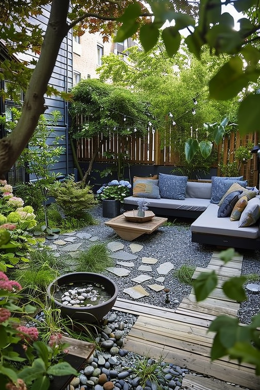 Cozy backyard garden with modern furniture, stepping stones, wooden deck, and lush greenery.