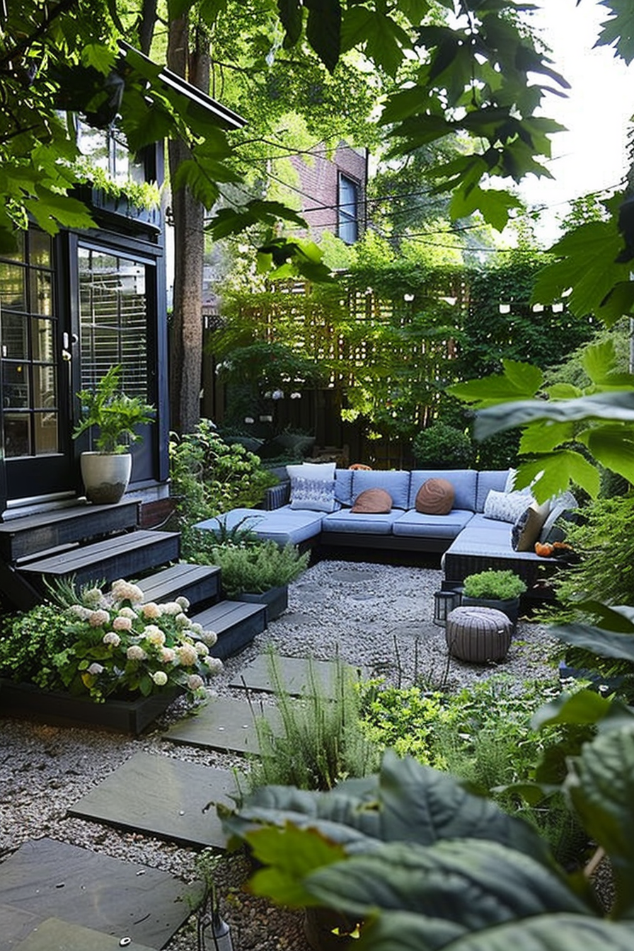 Cozy urban garden with sectional sofas, stepping stones, plants, and lit trellis, creating a tranquil outdoor space.
