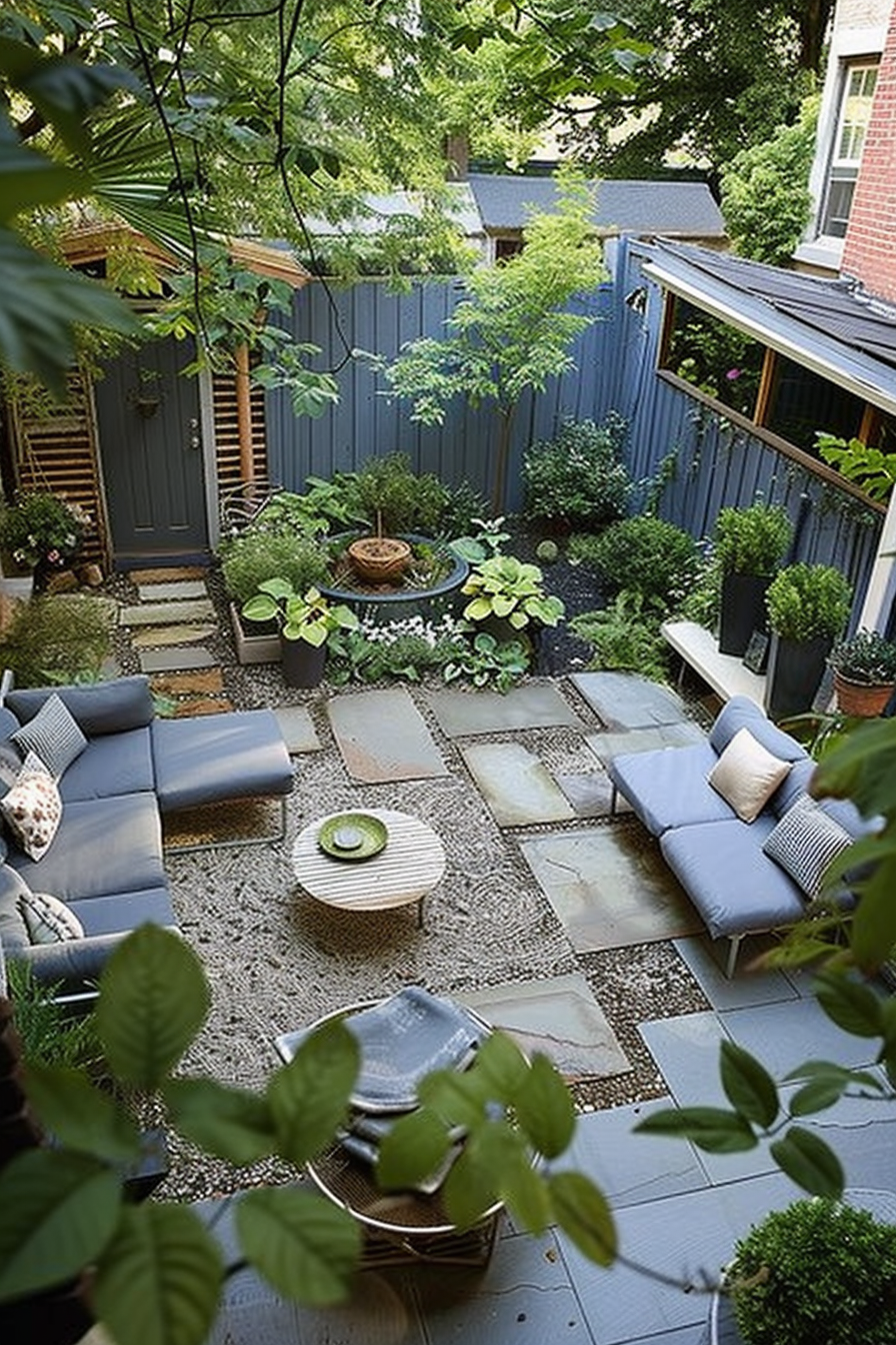 Cozy backyard patio with outdoor seating, plants, and patterned tile flooring, surrounded by wooden fences.