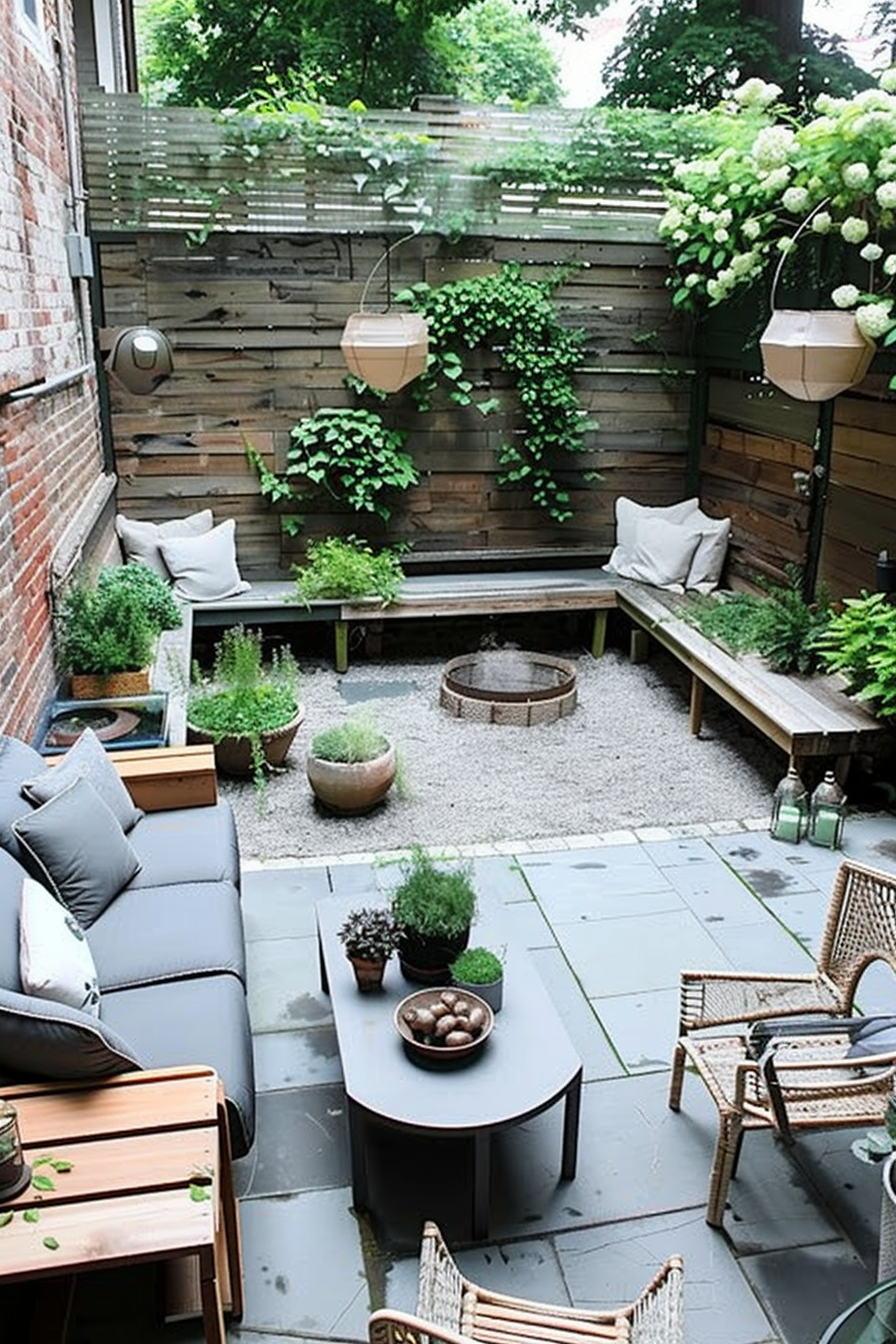 Cozy backyard patio with wooden fences, green plants, outdoor seating, and a fire pit.