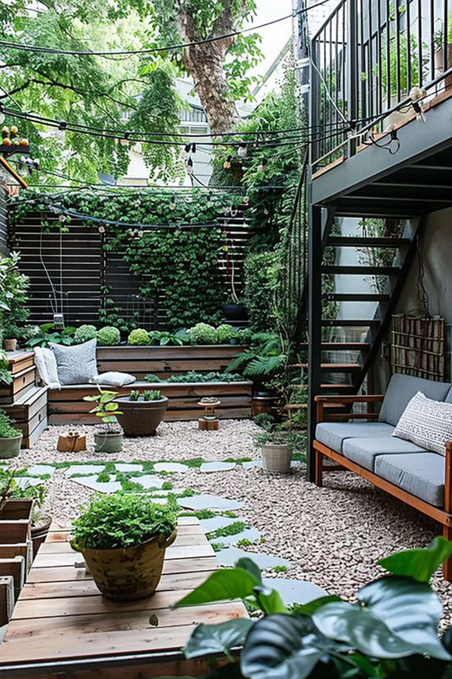 Cozy urban garden with pebble path, wooden steps, lush greenery, bench seating, and hanging string lights, beneath a metal staircase.
