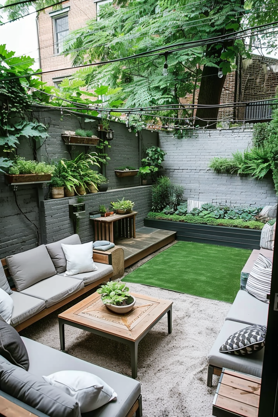 Cozy urban garden patio with seating, wooden tables, hanging lights, and lush wall planters on a brick backdrop.