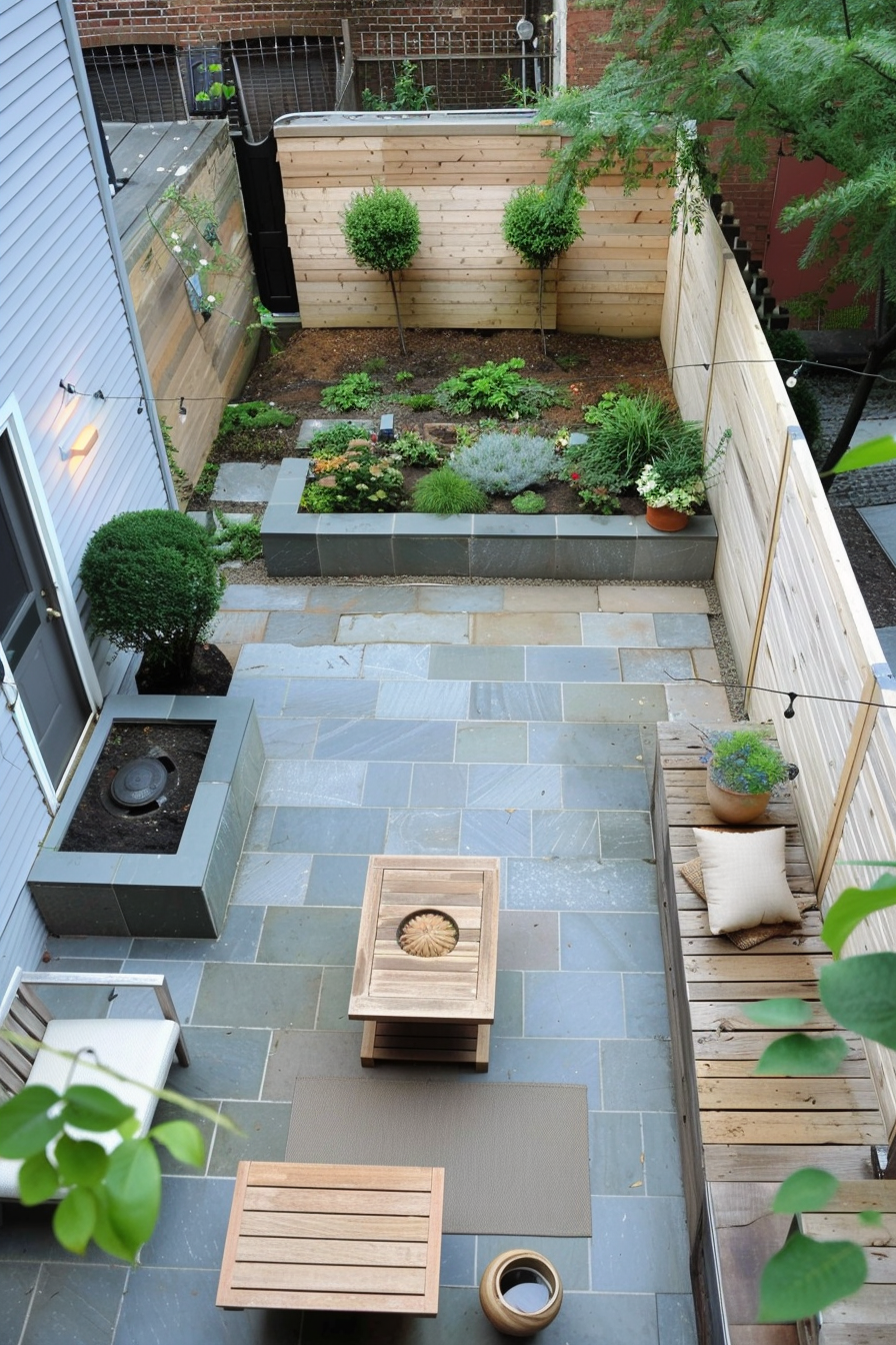 Aerial view of a cozy urban backyard with stone tiles, wooden furniture, and a small garden with shrubs and flowers.