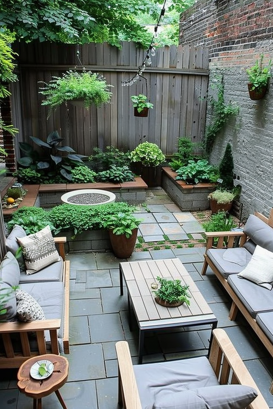 ALT: A cozy urban garden patio with wooden furniture, lush greenery, and hanging plants, surrounded by wooden fences and a brick wall.