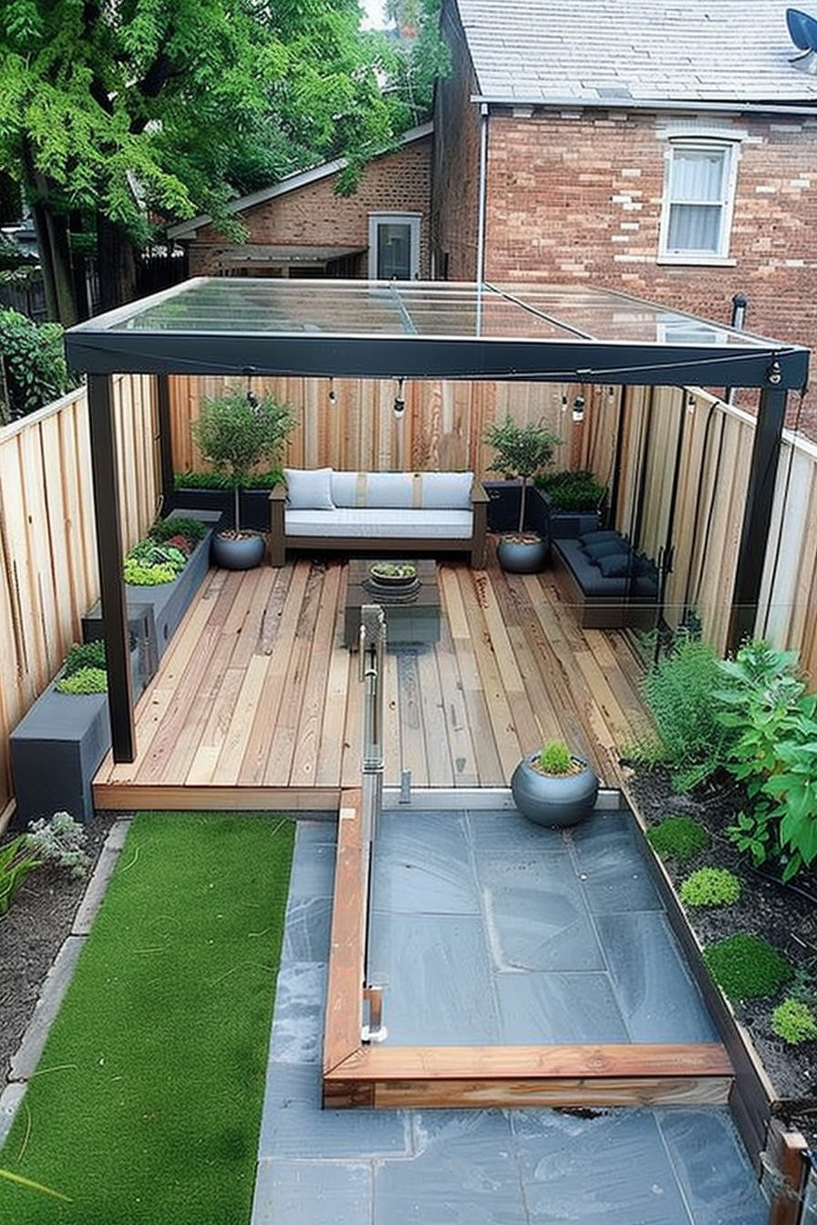 Modern backyard with wooden decking, pergola, outdoor furniture, green artificial turf, and potted plants, surrounded by urban housing.