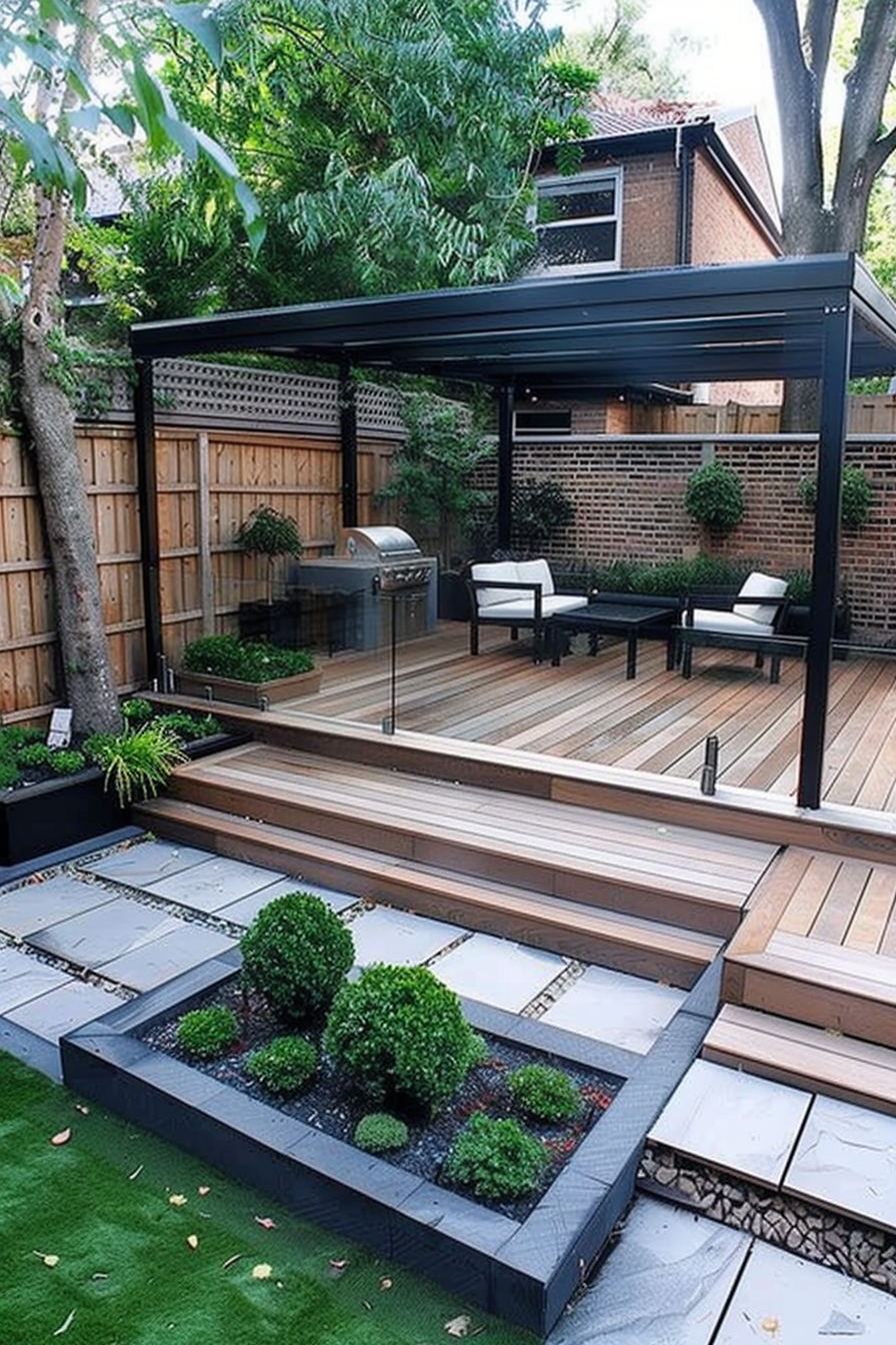 Modern backyard with wooden deck, pergola, outdoor furniture, barbecue, and landscaped garden beds.
