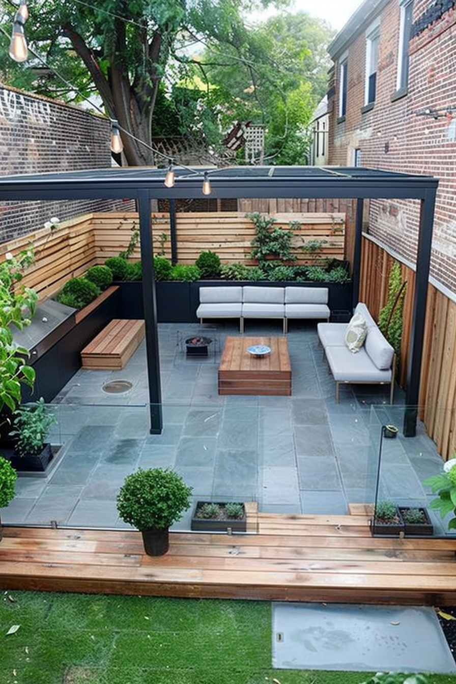 Cozy backyard patio with modern furniture, wooden planters, greenery, and string lights under a pergola.